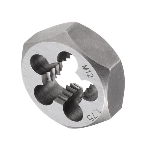 Hex Rethreading Die, M12 x 1.75 Pitch, Carbon Steel Cylindrical Pipe Threading Tool with 5 Chip Holes - (Applications: for Threading Repairing) - size: M12x1.75