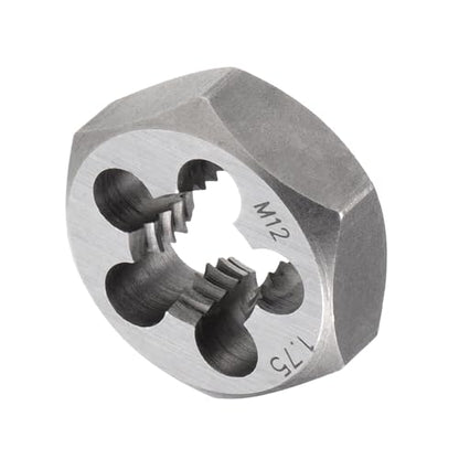 Hex Rethreading Die, M12 x 1.75 Pitch, Carbon Steel Cylindrical Pipe Threading Tool with 5 Chip Holes - (Applications: for Threading Repairing) - size: M12x1.75