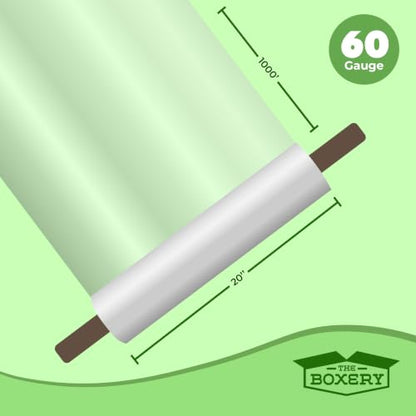 The Boxery 20" x 1000' -1 Roll Cast Stretch Wrap with Handles – 60 Gauge Clear Film – Extended Core Hand Wrap for Smooth, Quiet, Heavy-Duty Wrapping