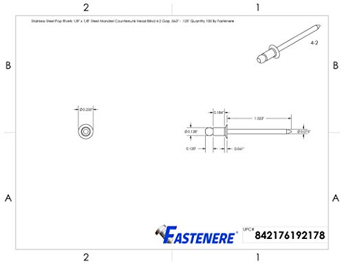 Fastenere - 1/8" x 1/8" Countersunk Head Pop Rivets - Aluminum, Stronger Steel Mandrel, Ideal for Flexible to Rigid Connections, Grip Range: .063" - .125" (100 pcs) - size: 1/8" x 1/8" (4-2) (100 Pack)