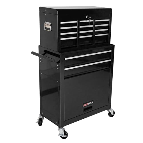 Black 8-Drawer Heavy Duty Tool Chest w/Ball Bearing Drawers, Central Locking & 4 Wheels (2 Brakes) - Professional Garage Storage Cabinet - color: Black, size: 24.2 x 13 x 42.8