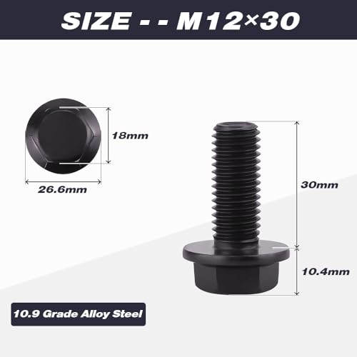 M12-1.75 x 30mm (8 pcs) Flanged Hex Bolt Screws Black Oxide Finish, 10.9 Grade Alloy Steel, Large Flange Washer Head Bolt, DIN6921/GB5789, Full Thread - size: M12-1.75 x 30mm