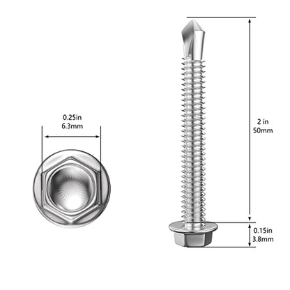 Wensilon (150Pcs) #8×2" Hex Washer Head Self Drilling Screws, 410 Stainless Steel Metal SheetScrews，TEK Screws, Sheet Metal Self Tapping Screws - color: Silver, size: #8×2"