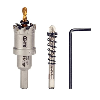 1-1/16" (27mm) Tungsten Carbide Tipped Hole Saw with 2Pcs Titanium-Plated Pilot Drill Bits for Hard Metal,Stainless Steel,Iron,Aluminum Alloy,Wood and Plastic - size: 27mm | 1-1/16"