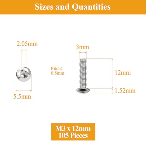 105 Pieces M3 x 12mm Button Head Socket Cap Screws, Thread Pitch 0.5mm, Sutemribor M3 Screws, 304 Stainless Steel, Fully Threaded, Silver - size: M3 x 12mm, style: Button Head