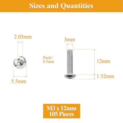 105 Pieces M3 x 12mm Button Head Socket Cap Screws, Thread Pitch 0.5mm, Sutemribor M3 Screws, 304 Stainless Steel, Fully Threaded, Silver - size: M3 x 12mm, style: Button Head