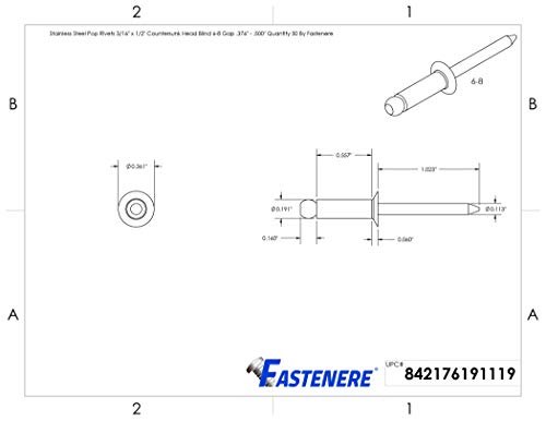 Fastenere Pop Rivets -3/16" x 1/2" (50 pcs) Heavy Duty, Open-End, Stainless Steel, Dome-Head Blind Rivets, Corrosion-Resistant, High Tensile & Shear Strength, 6-8 Gap .376" - .500" - size: 3/16" x 1/2" (6-8) (50 Pack)
