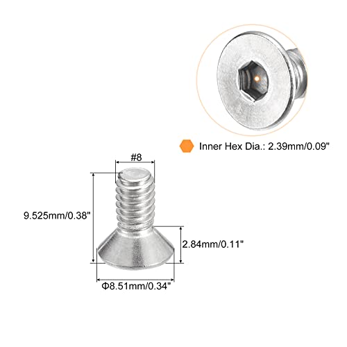 uxcell #8-32x3/8 Flat Countersunk Head Socket Cap Screws, 50Pcs 304 Stainless Steel Hex Socket Flat Head Screws, Full Thread, Countersunk Bolts - size: #8-32x3/8"