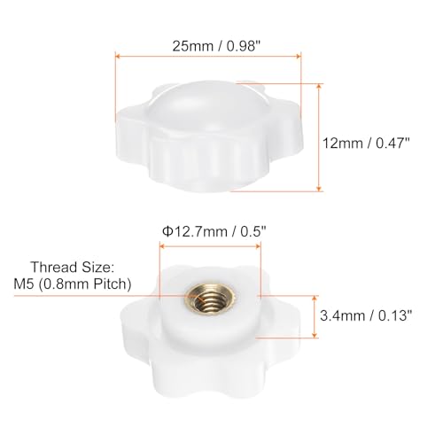 HARFINGTON 6pcs Star Knobs M5 Female Thread 25mm 6-Point Plastic Head Brass Insert Non-Through Hole Screw-in Threaded Hand Knob Clamping Handle, White - color: White, size: M5 x 25mm