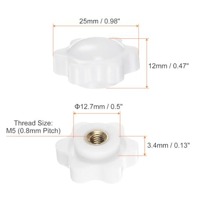 HARFINGTON 6pcs Star Knobs M5 Female Thread 25mm 6-Point Plastic Head Brass Insert Non-Through Hole Screw-in Threaded Hand Knob Clamping Handle, White - color: White, size: M5 x 25mm