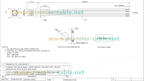 IP67 M8 A-Code 4 Pin Male Connector Receptacle Cable Front Panel Mount Sensor Circular Socket Electrical Cable with Pre-Assembled Pigtail Wires for Industrial Automation, PLCs, Robotics(20cm)