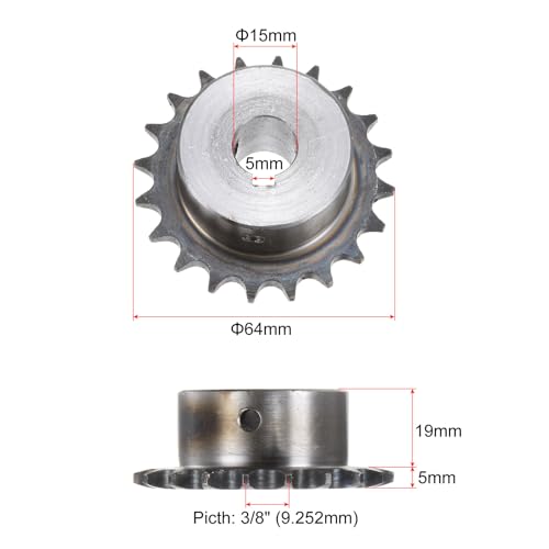 uxcell ISO/DIN 06B-1 Roller Chain Sprocket B Type 15mm Bore, 3/8" Pitch, A3-Steel Single Strand Roller Sprocket Hardened 20 Tooth