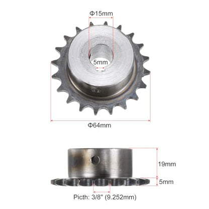 uxcell ISO/DIN 06B-1 Roller Chain Sprocket B Type 15mm Bore, 3/8" Pitch, A3-Steel Single Strand Roller Sprocket Hardened 20 Tooth