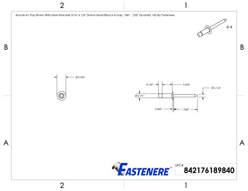 Fastenere Pop Rivets 3/16" x 1/4" (100 pcs) Aluminum Body Steel Mandrel, Heavy Duty, Open End, Low Carbon, Dome Head Blind Rivets, Corrosion Resistant & High Shear Strength, 6-4 Gap .188" - .250" - size: 3/16" x 1/4" (6-4) (100 Pack)