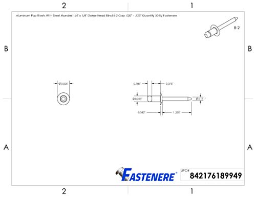 Fastenere Pop Rivets 1/4" x 1/8" (50 pcs) Aluminum Body Steel Mandrel, Heavy Duty, Open End, Low Carbon Steel, Dome Head Blind Rivets, Corrosion Resistant & High Shear Strength, 8-2 Gap .020" - .125" - size: 1/4" x 1/8" (8-2) (50 Pack)
