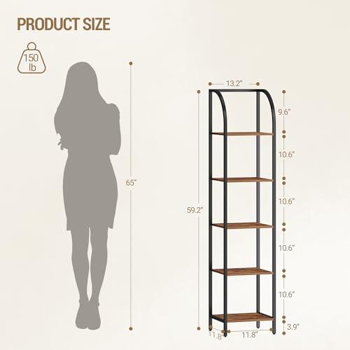 Hzuaneri Bookshelf Narrow Bookcase, Tall Storage Rack with Steel Frame - color: Rustic Brown, size: 13.2 × 11.8 × 59.2 inch