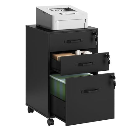 VASAGLE 3-Drawer Mobile File Cabinet, Home Office, Locking, Printer Stand - color: Ink Black, size: 3 Drawers with Lock