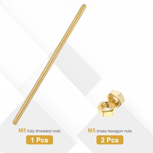 uxcell Brass Fully Threaded Rod, M5x0.8mm Pitch Right Hand Threads Studs with Solid Brass Hex Nuts, 150mm/6 Long Threaded Screw Rods Fasteners for Anchors Bolts Hangers Clamps - size: M5x0.8mmmm150mm