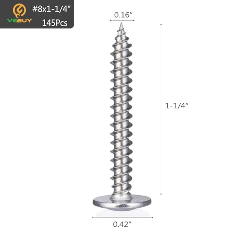 VGBUY 145Pcs #8x1-1/4 Wood Screws Phillips Modified Truss Head Stainless Steel 410 Quick Metal Self Tapping Screws - color: Silver, size: #8 x 1-1/4 inch
