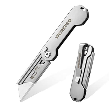 WORKPRO EDC Folding Utility Knife, Mini Box Cutter with Quick Open Axis Lock, Quick Change Blade Razor Knife, Foldable Small Pocket Knife with Belt Clip - color: Silver