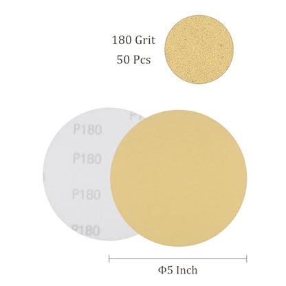 50pcs No Hole Sanding Discs- [ 5 Inch 180 Grit ] Round Hook and Loop Grip Sanding Pads Sheet Sandpaper for Automotive Woodworking Metal Polishing Use| Gold, Aluminum Oxide - size: 180 grit