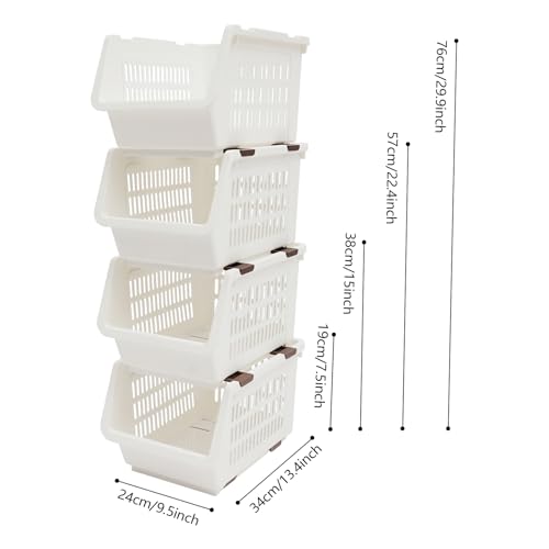 4 Pcs Open Front Stackable Storage Bins, PP Stacking Organizer Baskets with Rolling Wheels, Telescopic Buckles, Nestable, 38.58lbs Load (White) - color: White
