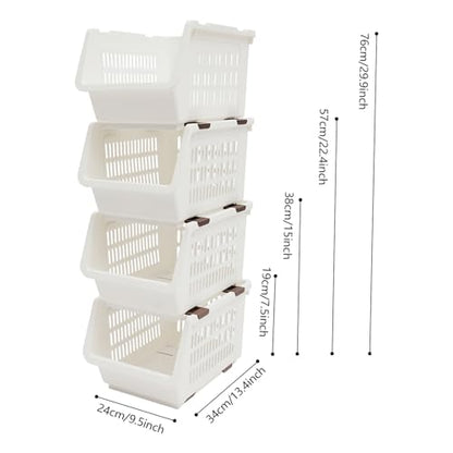 4 Pcs Open Front Stackable Storage Bins, PP Stacking Organizer Baskets with Rolling Wheels, Telescopic Buckles, Nestable, 38.58lbs Load (White) - color: White