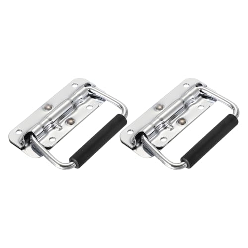 PATIKIL 3.9inch Spring Loaded Handle, 2 Pcs Folding Heavy Duty Toolbox Pull Chest Handles with Rubber Surface Mount Folding Grip for Toolbox Chest Case Crates Storage Boxes, Silver Tone - size: 3.9inch