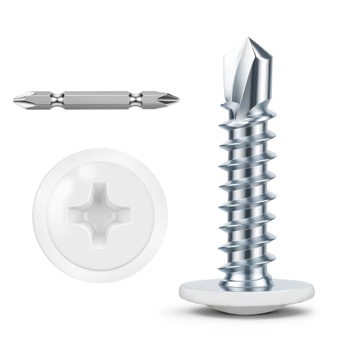 Mellewell #8 x 3/4" Modified Truss Head Fast Self Tapping Screws, White Head Self Drilling Sheet Metal Screws, Carbon Steel, Screwdriver Bit Included, 100 PCS - color: White, size: #8 x 3/4"