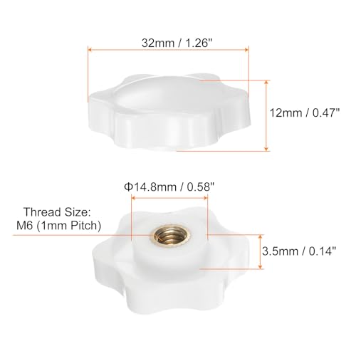HARFINGTON 6pcs Star Knobs M6 Female Thread 32mm 6-Point Plastic Head Brass Insert Non-Through Hole Screw-in Threaded Hand Knob Clamping Handle, White - color: White, size: M6 x 32mm