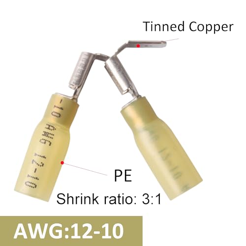 50 PCS Heat Shrink Piggyback Spade Connectors, Insulated Quick Disconnect Crimp Terminal, Electrical Butt Terminals for Marine, Electronics, Automotive AWG 12-10-Yellow - style: AWG 12-10/Yellow