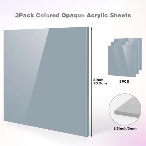 Adrattnay Gray Acrylic Sheets 1/8" Thick, 3Pcs 8 x 8 Opaque Cast Acrylic Sheets for Laser Cutting & Engraving-3mm, with Protective Paper - color: Gray
