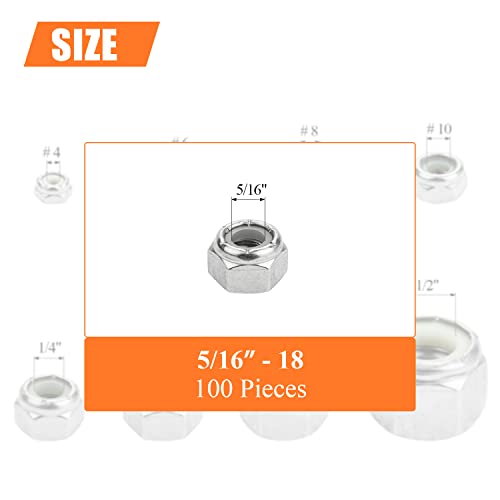 HELIFOUNER 100 Pieces 5/16"-18 Nylon Insert Hex Lock Nuts, 304 Stainless Steel (18-8) Locknuts, Bright Finish, Coarse Thread - size: 5/16"-18 (100 pcs)