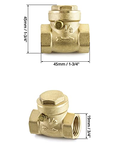 QWORK Check Valve, 2 Pack DN15 1/2" Female Thread Brass No-Return Swing Check Valve, 232 Psi One-Way Check Valve Prevent Fuel/Water Backflow