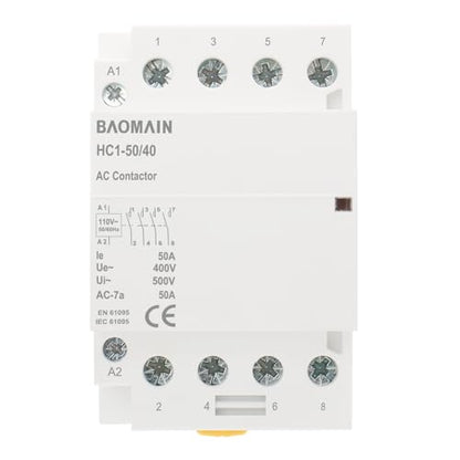 BAOMAIN 50A 4 Pole AC Contactor 110V 4NO DIN Rail for HVAC EV Smart Home