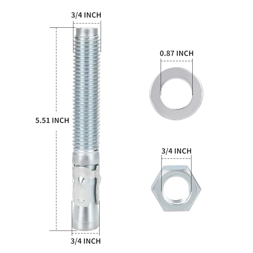 3/4" x 5-1/2" Concrete Anchor Bolts, 20PCS Zinc-Plated Carbon Steel Wedge Anchor