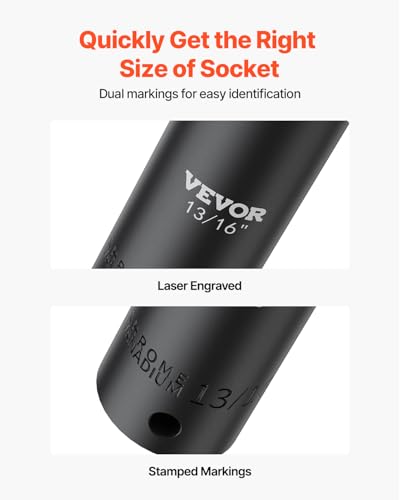 VEVOR Impact Socket Set 1/2 Inches 19 Piece, Deep Socket, 6-Point Sockets, Rugged Construction, Cr-V, 1/2 Inches Drive Socket Set Impact 3/8 inch - 1-1/2 inch, with a Storage Cage - size: 1/2" 19PCS
