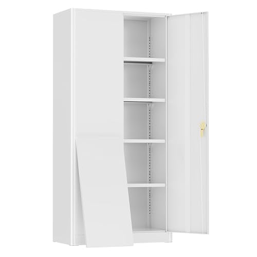 Greenvelly Metal Storage Cabinet, 72" Locking Metal Garage Storage Cabinet with Doors and 4 Adjustable Shelves, Lockable Steel Cabinets for Home Office, Garage, Shop, School (White 36" W x 18" D) - color: White, size: 72 Inch - 36W