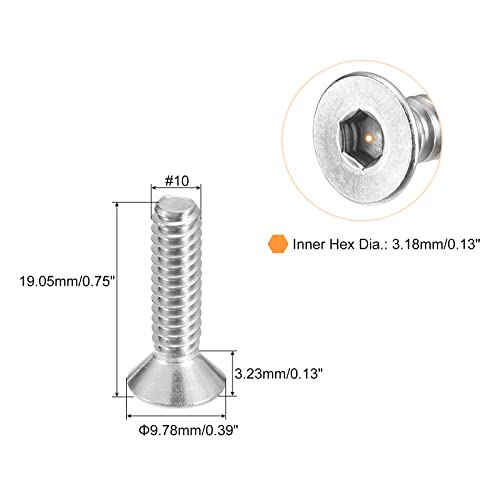 uxcell #10-24x3/4 Flat Countersunk Head Socket Cap Screws, 50Pcs 304 Stainless Steel Hex Socket Flat Head Screws, Full Thread, Countersunk Bolts - size: #10-24x3/4"