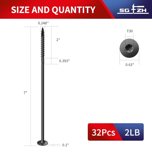 #14 x 7 Inch Outdoor Structural Wood Deck Screws (32Pcs/2lb), Carbon Steel, Black, Flat Head, Rust Resistant Epoxy Coated, T30 Star Bit - color: Black, size: #14 x 7"