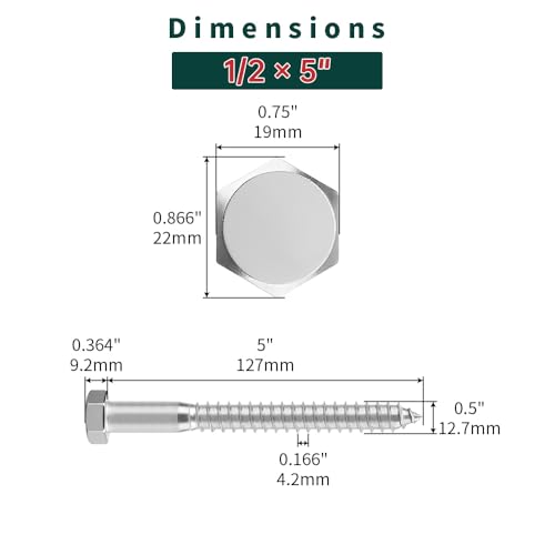 1/2 x 5 Hex Head Lag Screws Bolts with Flat Washers (6 Sets), 304 Stainless Steel 18/8, Partial Thread, Deck Screws, Heavy Duty Hex Head Wood Lag Screws, Fayeploo - size: 1/2 x 5"