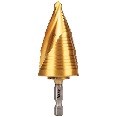 Klein Tools 25960 Step Drill Bit, 7/8 to 1-3/8-Inch, Spiral Double-Fluted, Cut Thin Metal, Plastic, Aluminum, Wood, 1/4-Inch Hex Shank, VACO