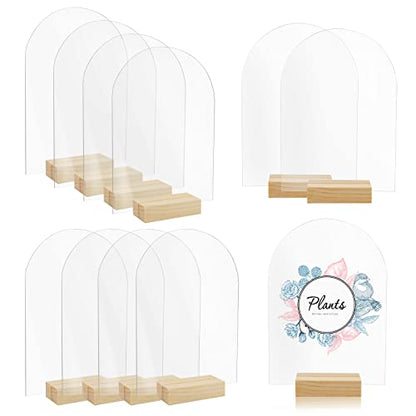 Bercoor 10 Pack 5x7 Inch Blank Clear Arch Acrylic Sign with Wooden Stands, Arched Round Top Acrylic Sheet, DIY Acrylic Arch Table Numbers for DIY Name Card Gifts Event Party Sign Decoration - size: 5x7 arched