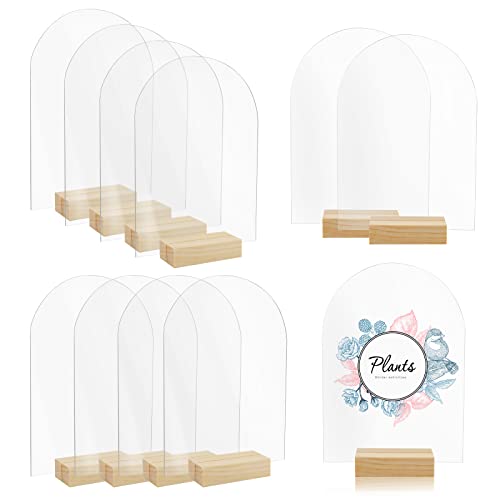 Bercoor 10 Pack 5x7 Inch Blank Clear Arch Acrylic Sign with Wooden Stands, Arched Round Top Acrylic Sheet, DIY Acrylic Arch Table Numbers for DIY Name Card Gifts Event Party Sign Decoration - size: 5x7 arched