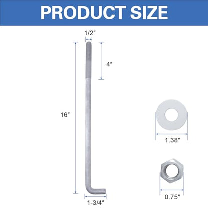 1/2" x 16" Concrete Anchor Bolts (10 Pack) L Shaped, Hot-Dip Galvanized - size: 1/2"x16" (10 PCS)