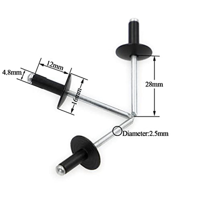 Alloypro 60pcs Black Large Flange Blind Rivets, Aluminum,Flange Diameter 5/8" (16 mm),Pop Rivets Assortment Kit Blind Rivet,3/16" x 1/2",Grip Range(4.8-8mm) - size: Black 4.8*13mm