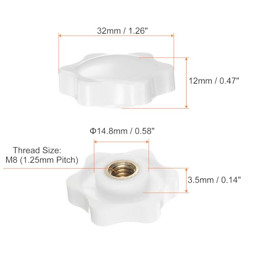 HARFINGTON 6pcs Star Knobs M8 Female Thread 32mm 6-Point Plastic Head Brass Insert Non-Through Hole Screw-in Threaded Hand Knob Clamping Handle, White - color: White, size: M8 x 32mm