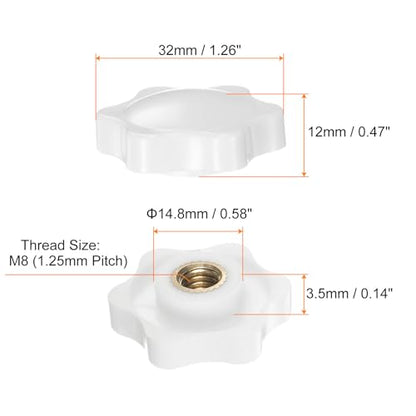 HARFINGTON 6pcs Star Knobs M8 Female Thread 32mm 6-Point Plastic Head Brass Insert Non-Through Hole Screw-in Threaded Hand Knob Clamping Handle, White - color: White, size: M8 x 32mm