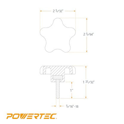 POWERTEC 10 Pack 5/16"-18 5 Star Knobs with 1" Threaded Stud, Thumb Screw Knobs with bolts for Lawn Mower, Umbrella Base, Woodworking Tools & Jigs, Clamps (QNB3007-P2) - style: 5/16", 5-Star, 1" Stud