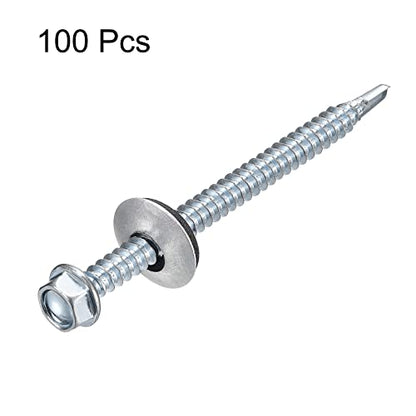 uxcell #12 x 2-61/64" Self Drilling Screws with Rubber Washer, 100pcs Zinc Plated Steel Roofing Screws Hex Head Self Tapping Screws with EPDM Washer for Metal to Metal - size: #12 x 2-61/64"